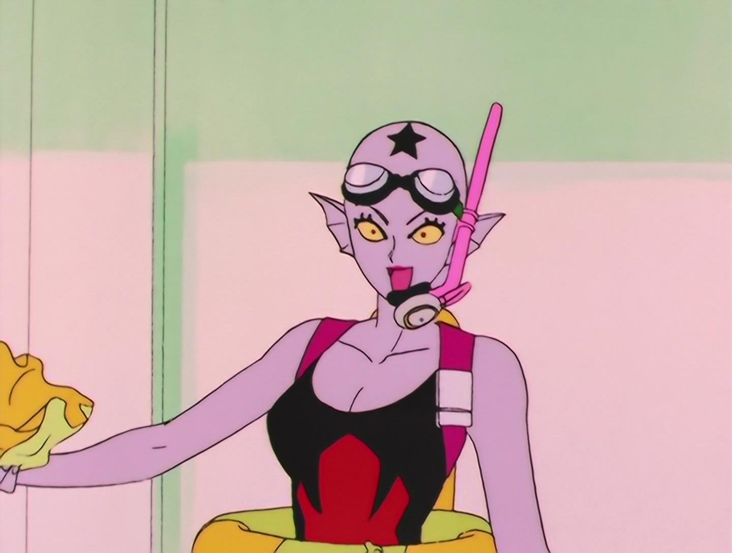 It’s Doburin again, but she’s removed her swimming cap to reveal a bald head and a black star mark.
